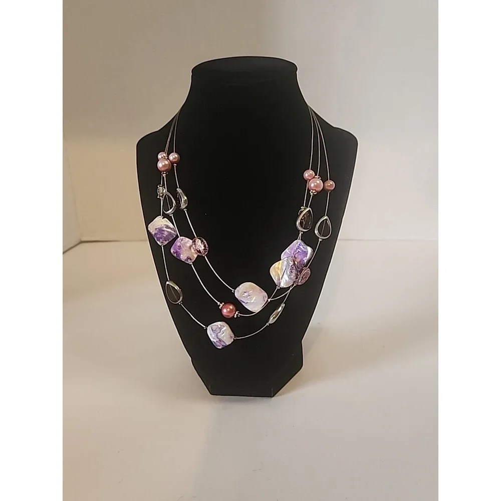 VTG Triple Strand  Floating Dyed‎ Shell Glass & Acrylic Beaded Necklace 21